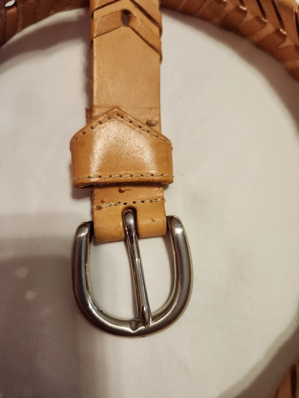Vintage Banana Tan Braided Woven Silver Tone Buckle Leather Belt
